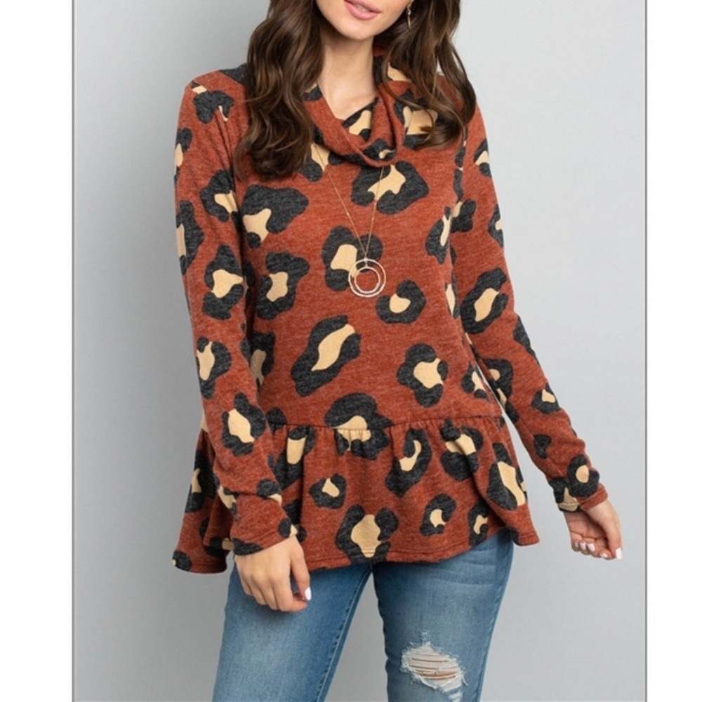 NWT Leopard Print Cowl Neck Top Ruffle Hem